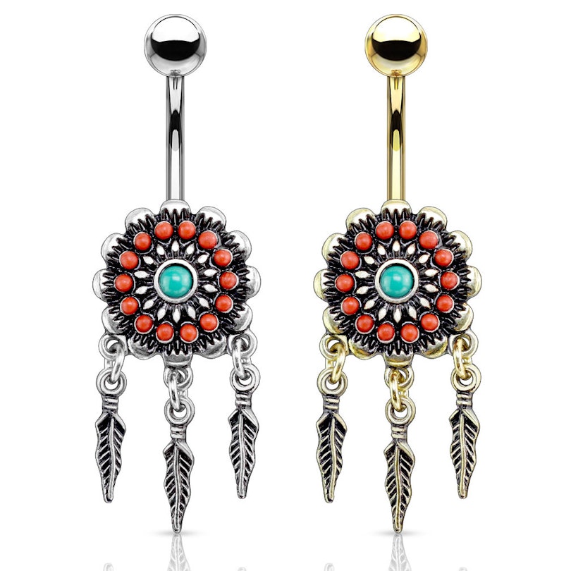 Belly button ring with tribal flower and feathers