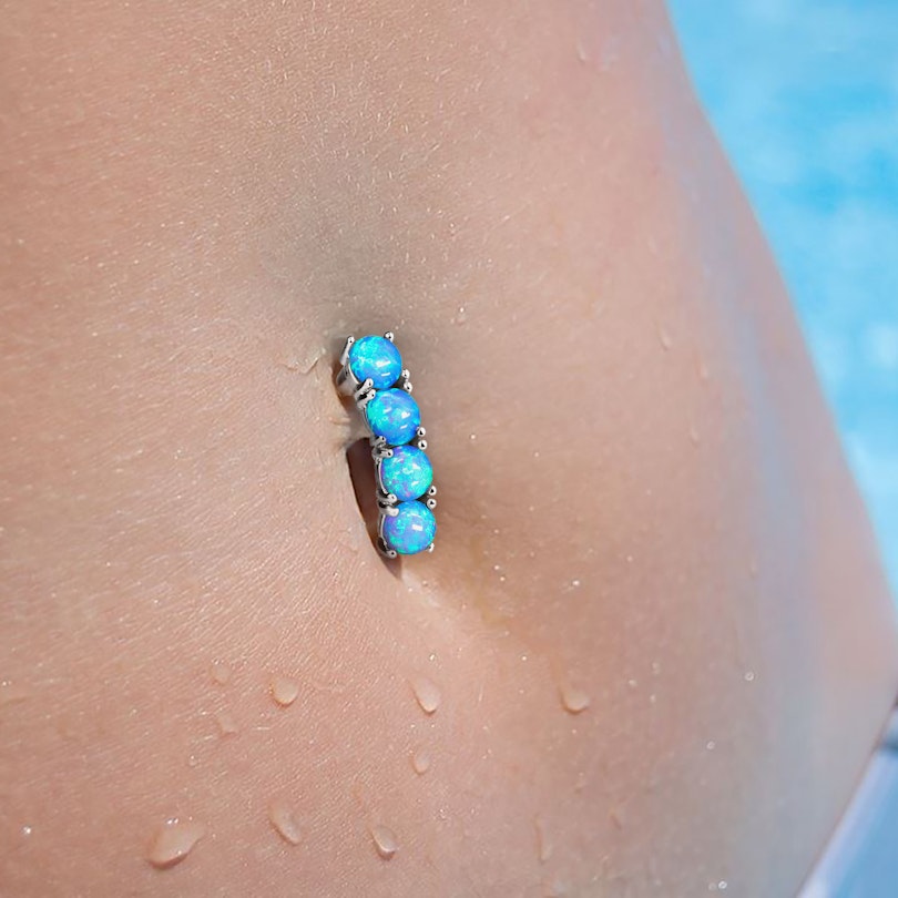 Reverse belly button ring with four opal stones