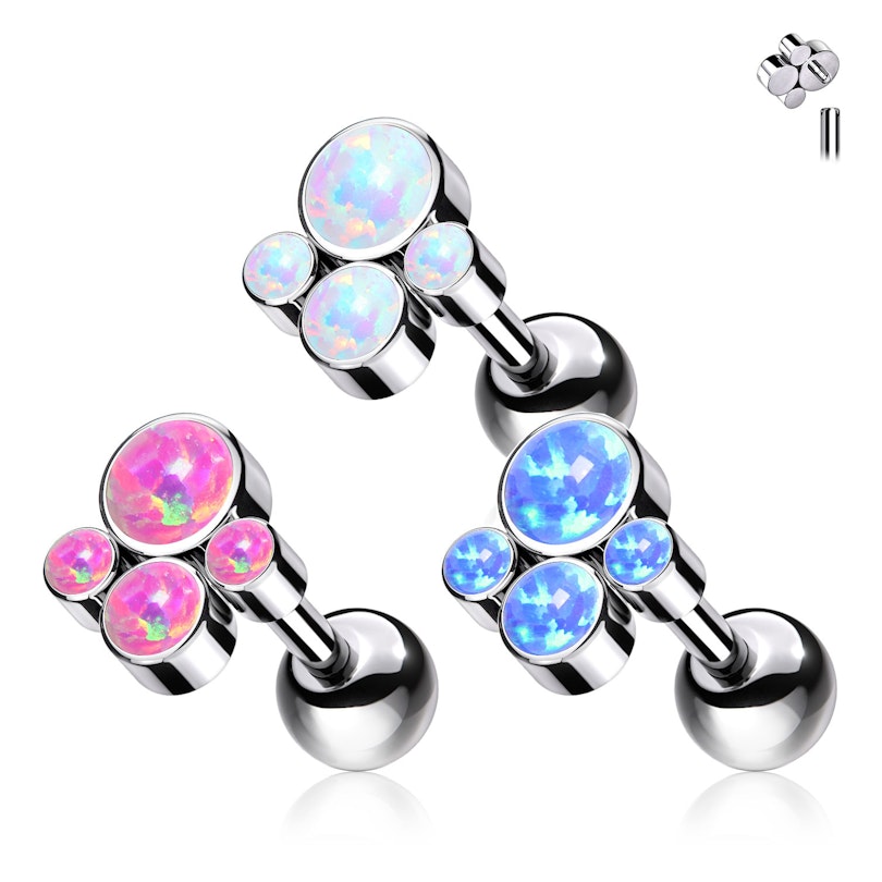 Internally threaded barbell made of titanium with 4 opal stones