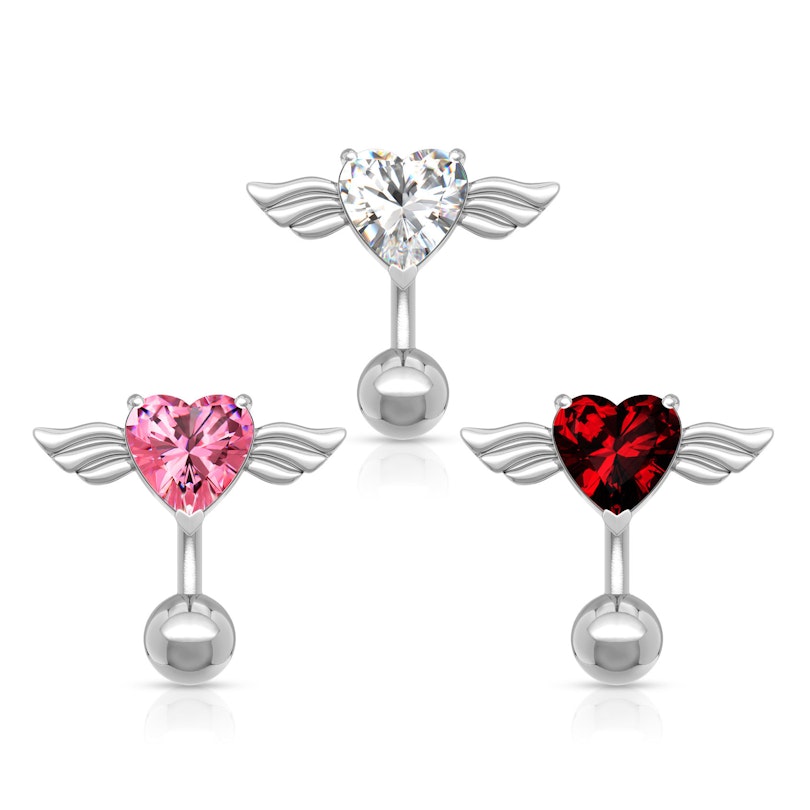 Reverse belly button ring with heart and wings