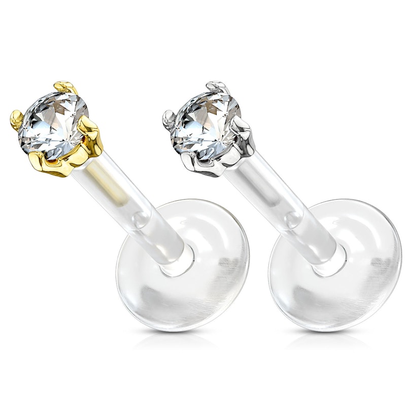 Labret with bioplastic post and solid 14k gold jeweled top