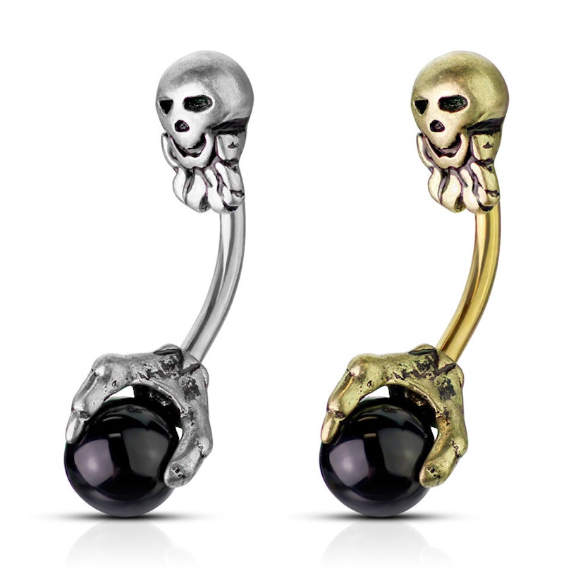 Belly button ring with skull and black ball