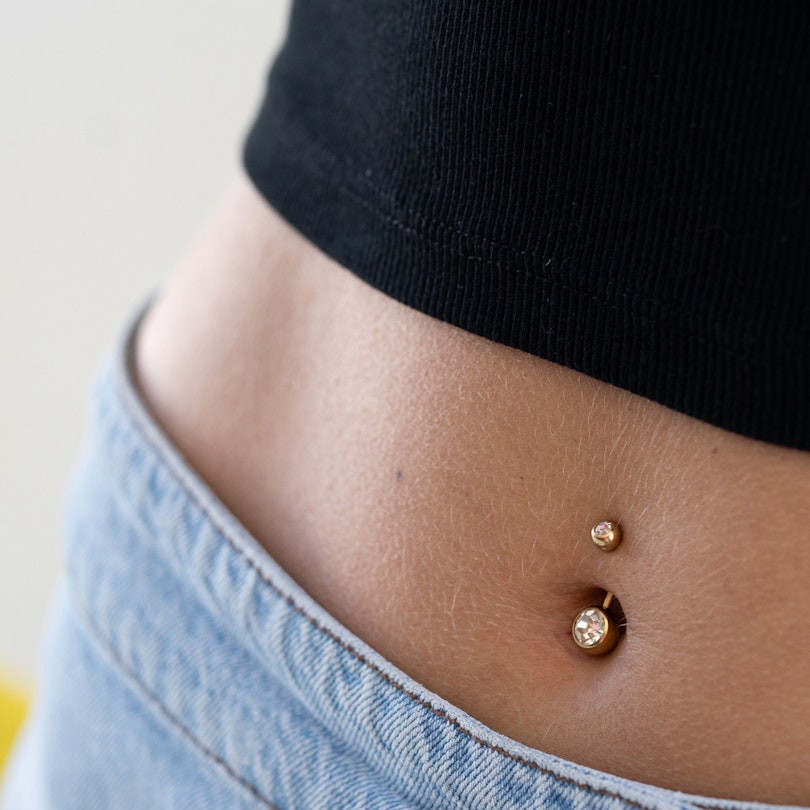 Belly button ring double jeweled with gold-plating