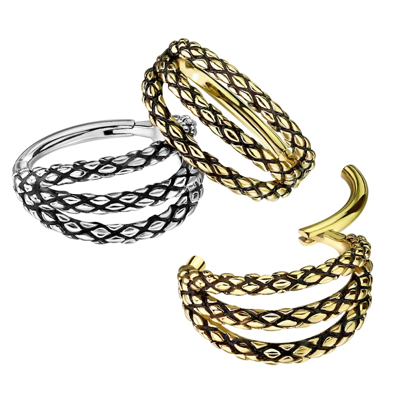 Triple hooped hinged ring with snakeskin design