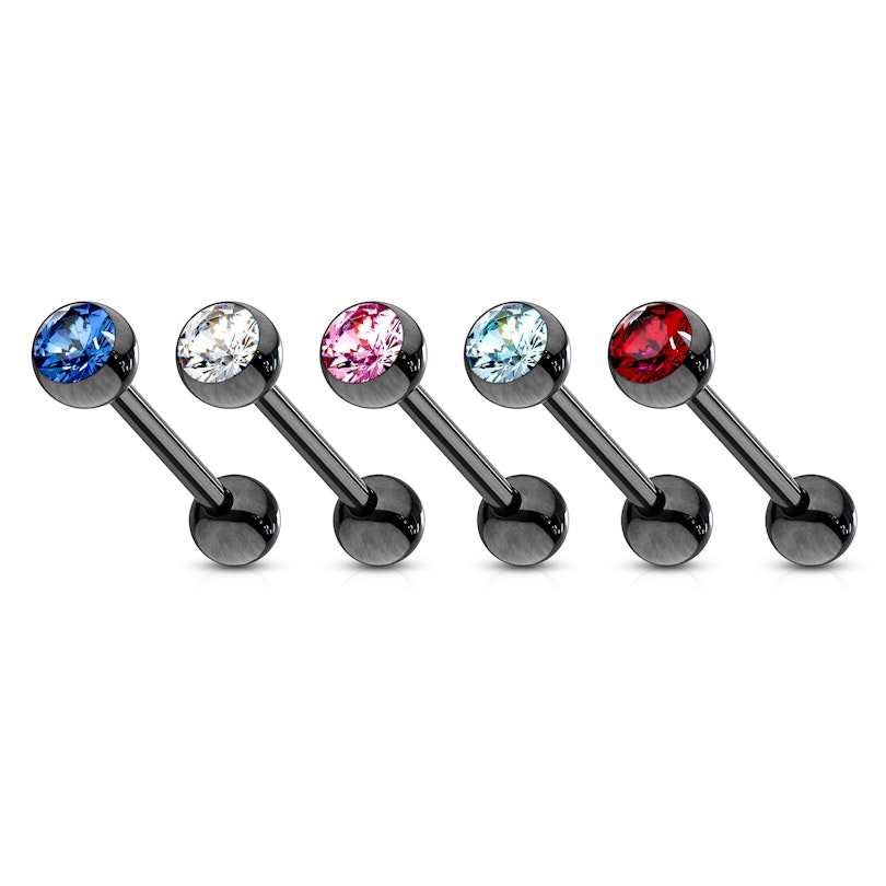 Tongue barbell in black color with colored gem