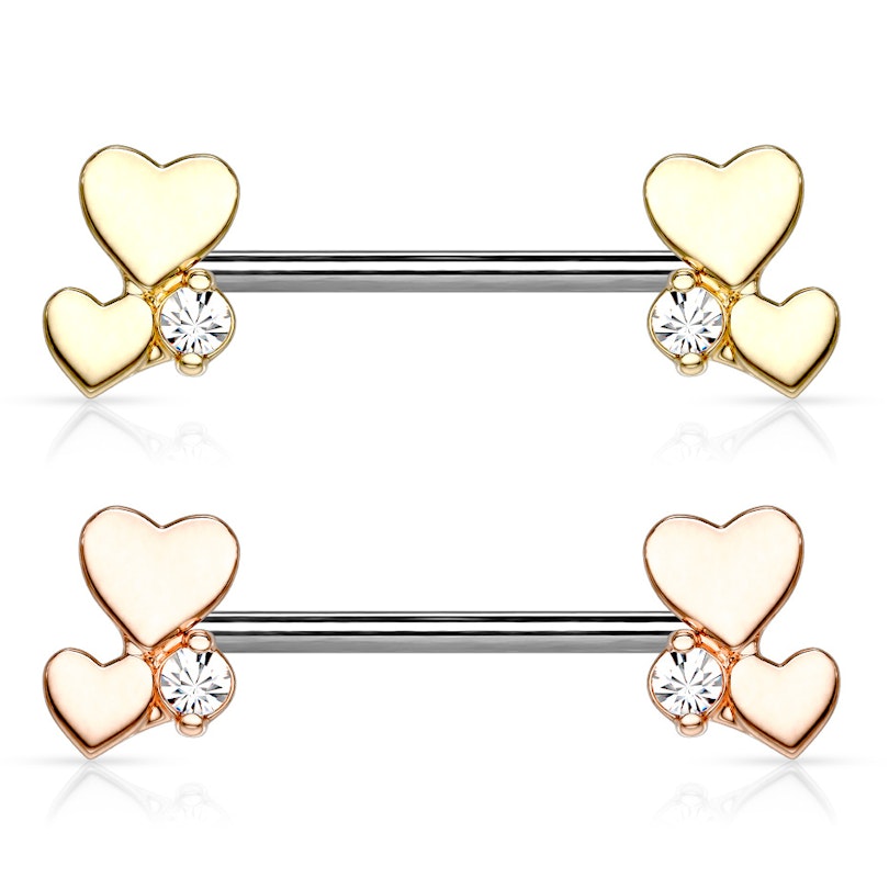 Nipple barbell with two hearts and gem