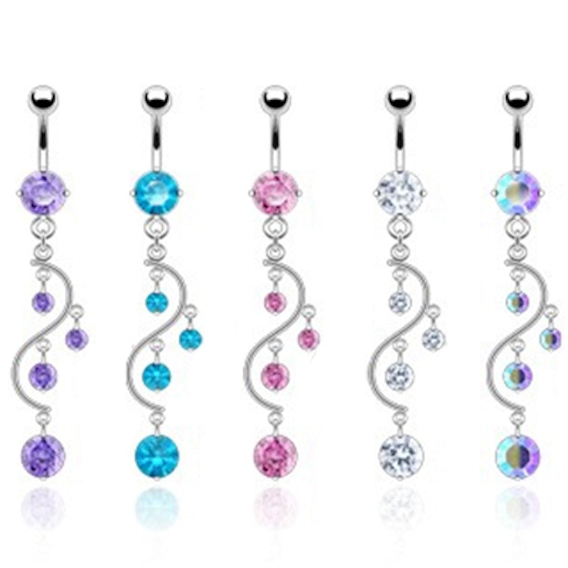 Belly button ring with s-shaped dangle and stones