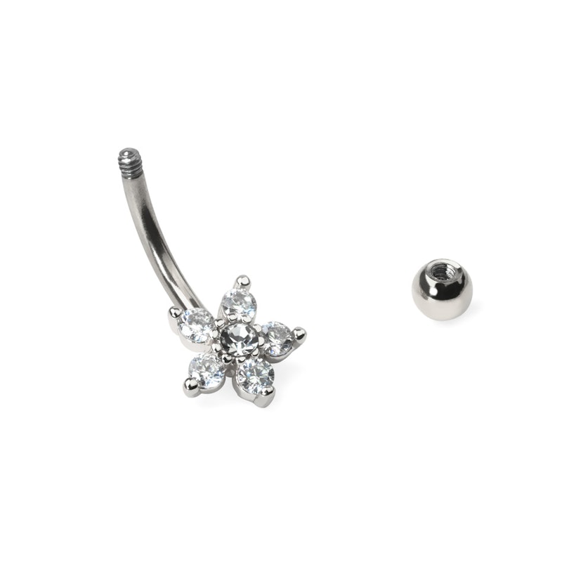 Curved barbell with studded flower