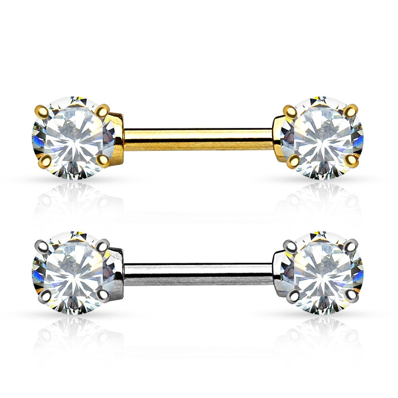 Nipple barbell made of 14k gold with crystal stones