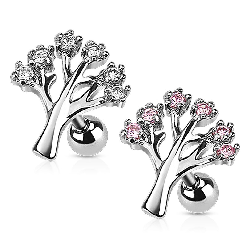 Tragus piercing with studded tree charm