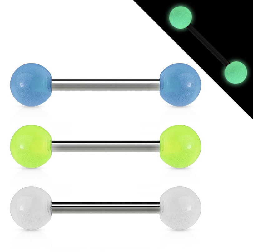 Tongue barbell made of titanium with glow in the dark acrylic balls