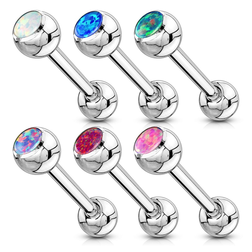 Tongue barbell with bezel-set opal top