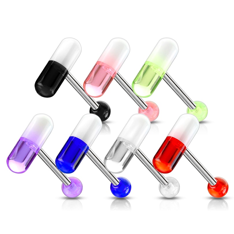 Tongue barbell with colored pill