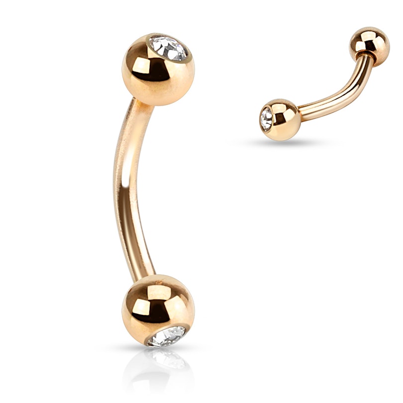 Curved barbell rose gold-plated with bezel-set stones