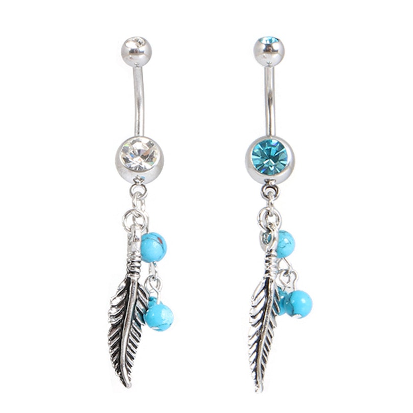 Belly button ring with turquoise balls and feather dangle
