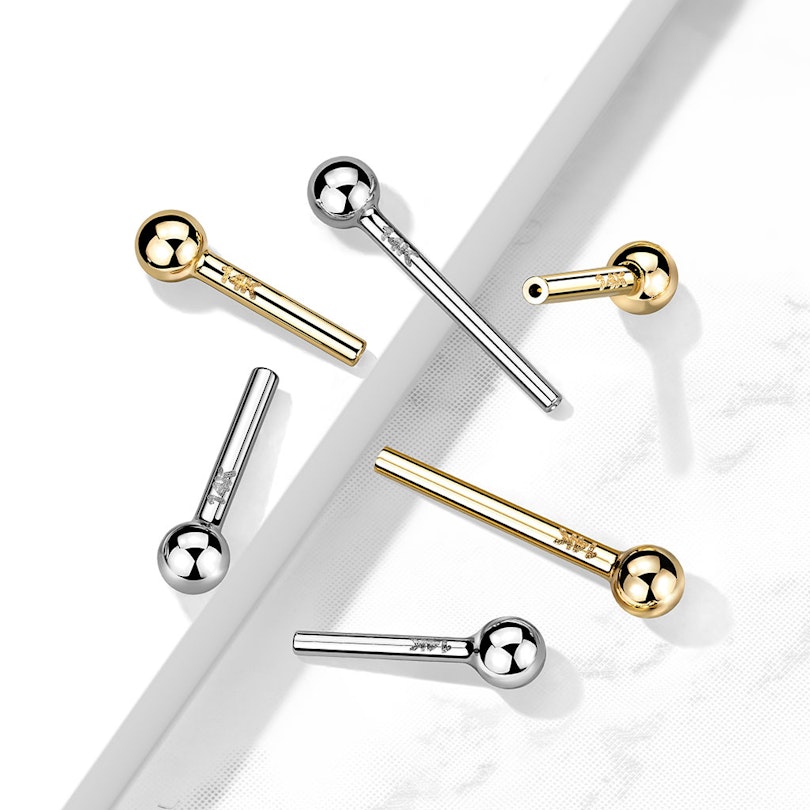 Push-in threadless barbell made of 14K gold with fixed ball