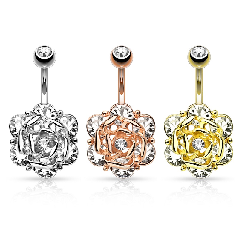 Belly button ring with studded flower in your choice of color