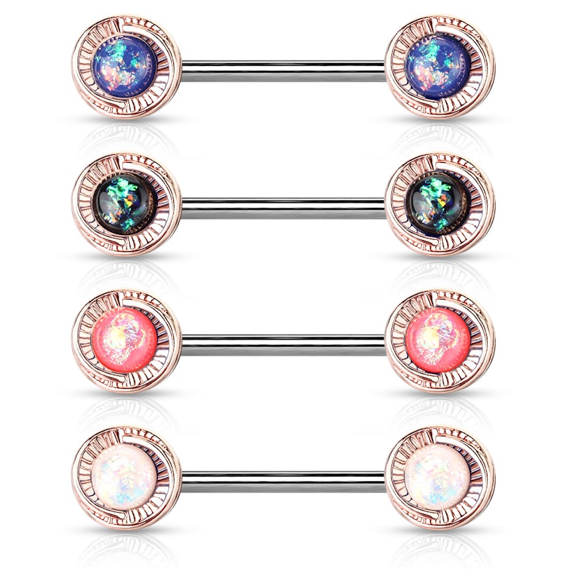Nipple barbell with opals in flower ends