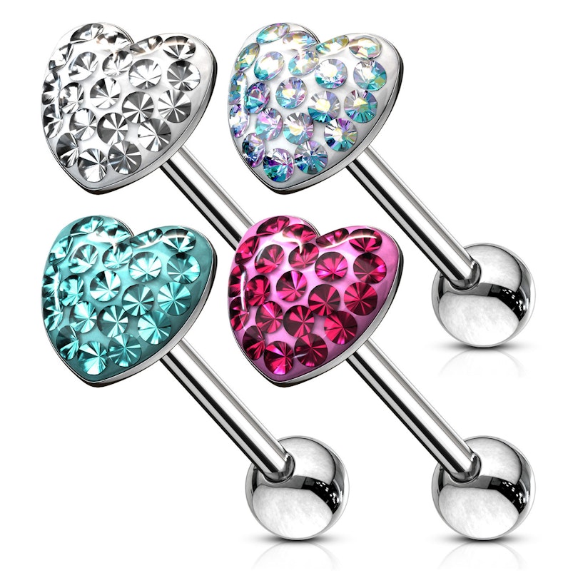 Tongue barbell with studded heart-shaped top
