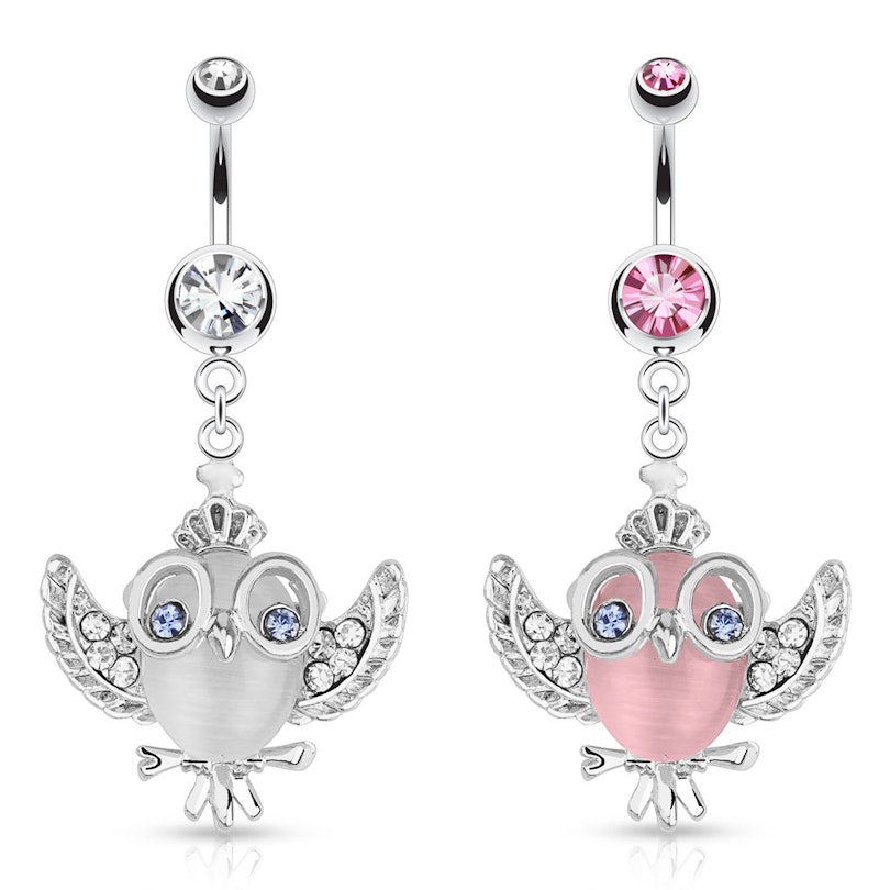 Belly button ring with studded owl dangle