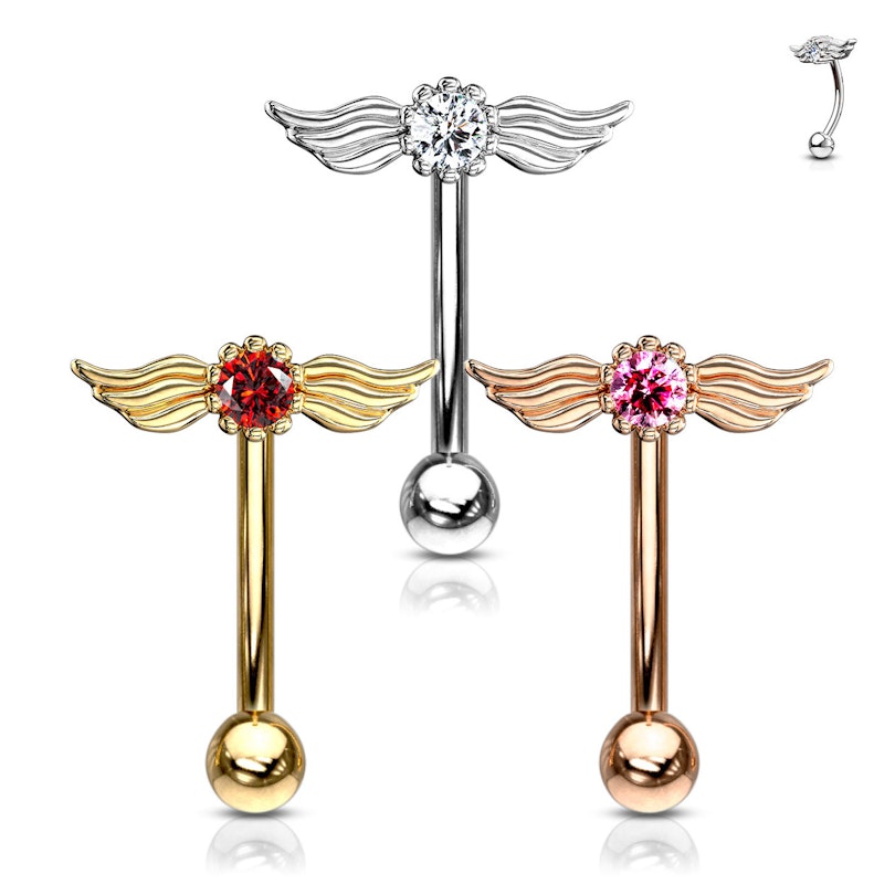 Curved barbell with angel wings and a round stone