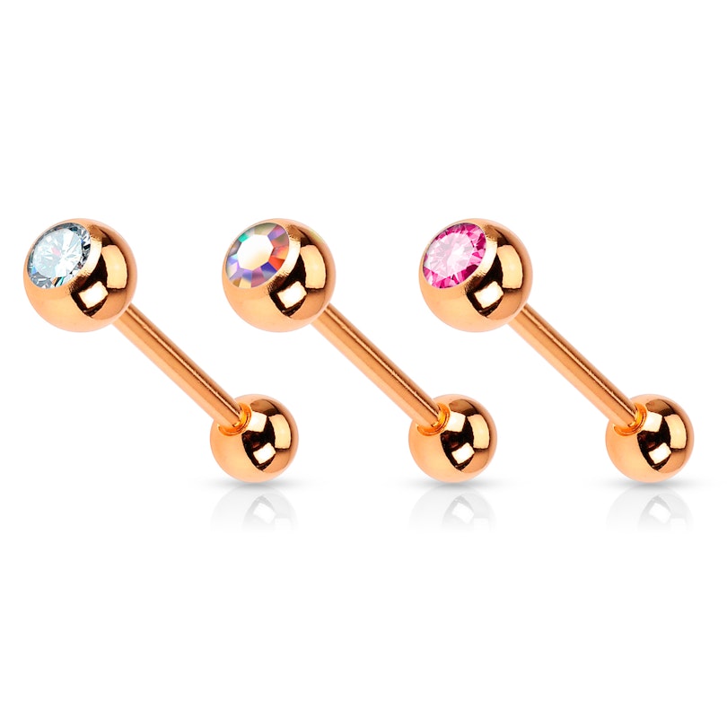 Tongue barbell rose gold-plated with bezel-set gem