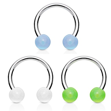 Set of three circular barbells with glow in the dark balls