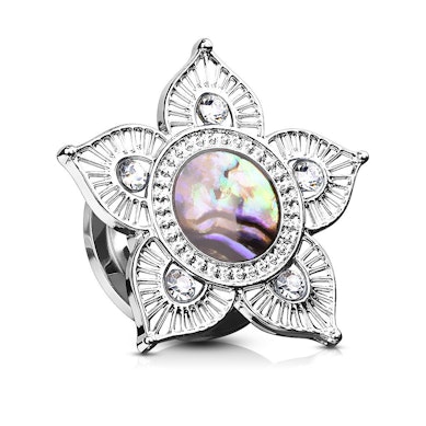 Plug with lotus flower and mother of pearl gemstone