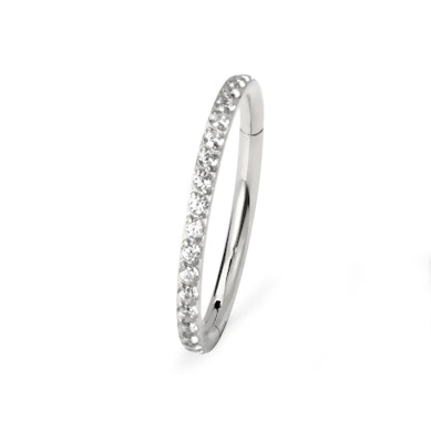 Hinged ring made of titanium with outward facing stones