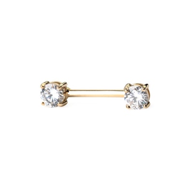 Nipple barbell made of 14k gold with crystal stones