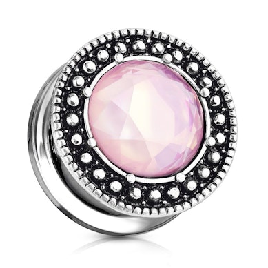 Plug with antiqued edge and pink gem
