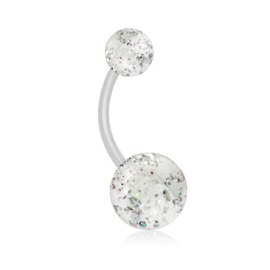 Belly button ring made of acrylic with glitter balls