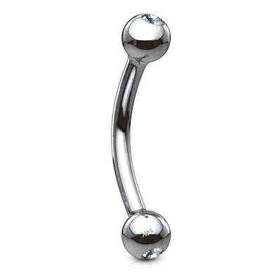 Curved barbell made of 14k gold with bezel-set stones