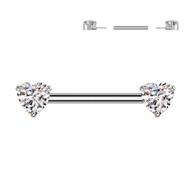 Titanium nipple barbell with heart shaped CZ stones