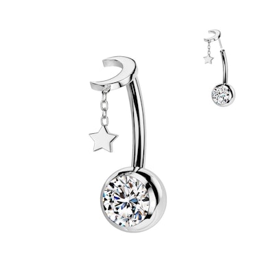 Titanium belly ring with floating moon and star