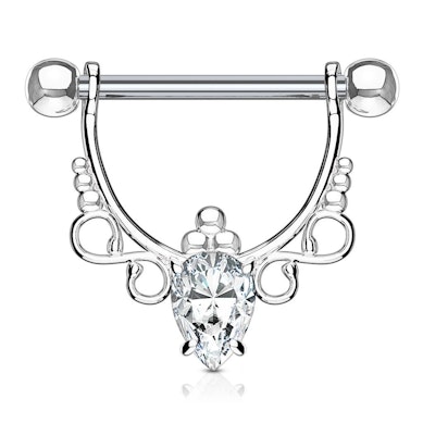 Nipple shield with a filigree design and a pear-shaped stone