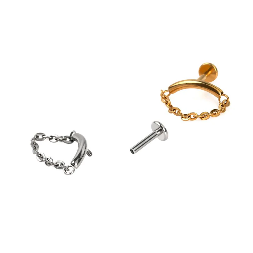 Curved titanium labret with chain for cartilage or lobe