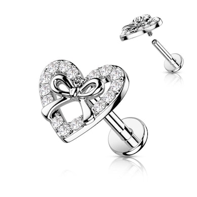 Labret with studded heart with bow and internal thread