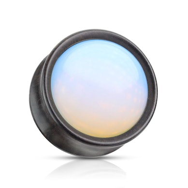 Plug made of wood with convex opalite