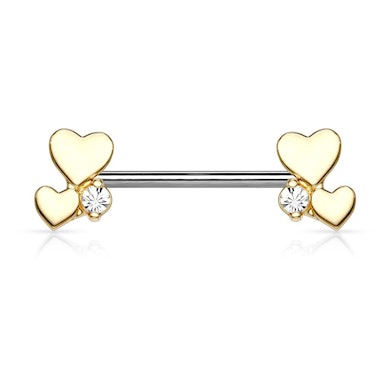 Nipple barbell with two hearts and gem