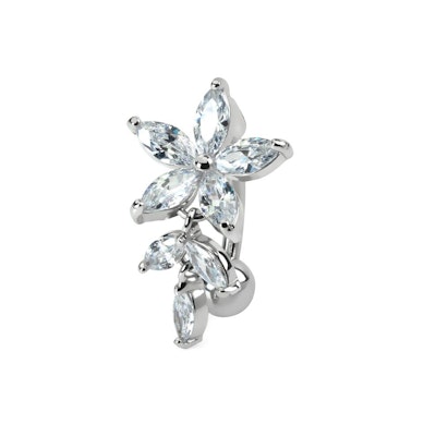 Reverse belly ring with studded flower
