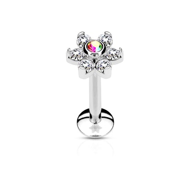 Labret with internally threaded post and top flower charm