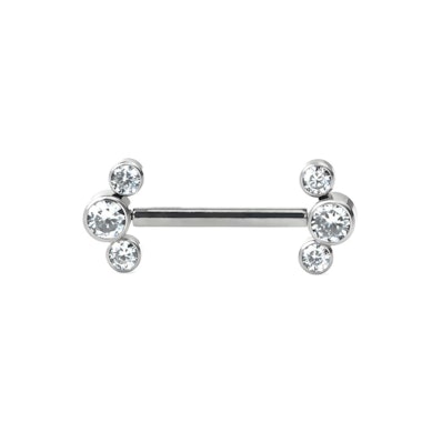 Threadless nipple barbell with 3 CZ bezel set ends