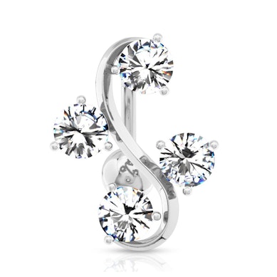 Reverse belly button ring with four staggered stones