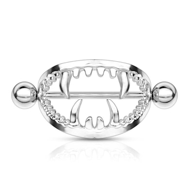 Nipple shield with mouth and fangs
