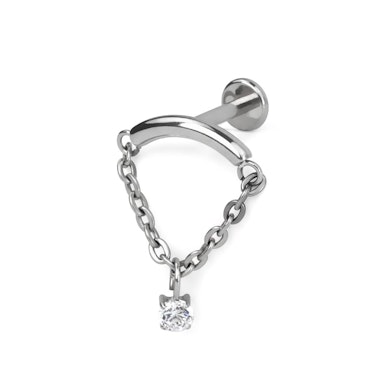 Curved bar labret with chain and stone dangle