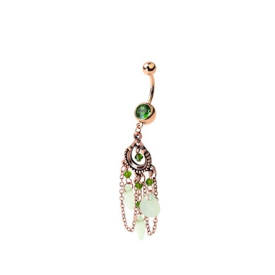 Belly button ring with green drop-shaped stones dangle