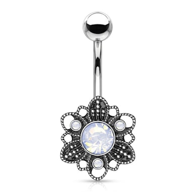 Belly button ring with antiqued flower and opalite