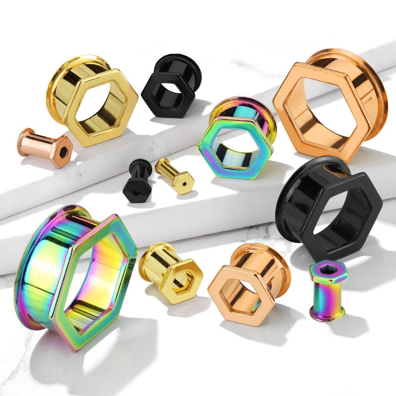 Tunnel with hexagonal top shape in five different colors Piercings