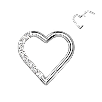 Hinged CZ paved heart-shaped ring made of titanium